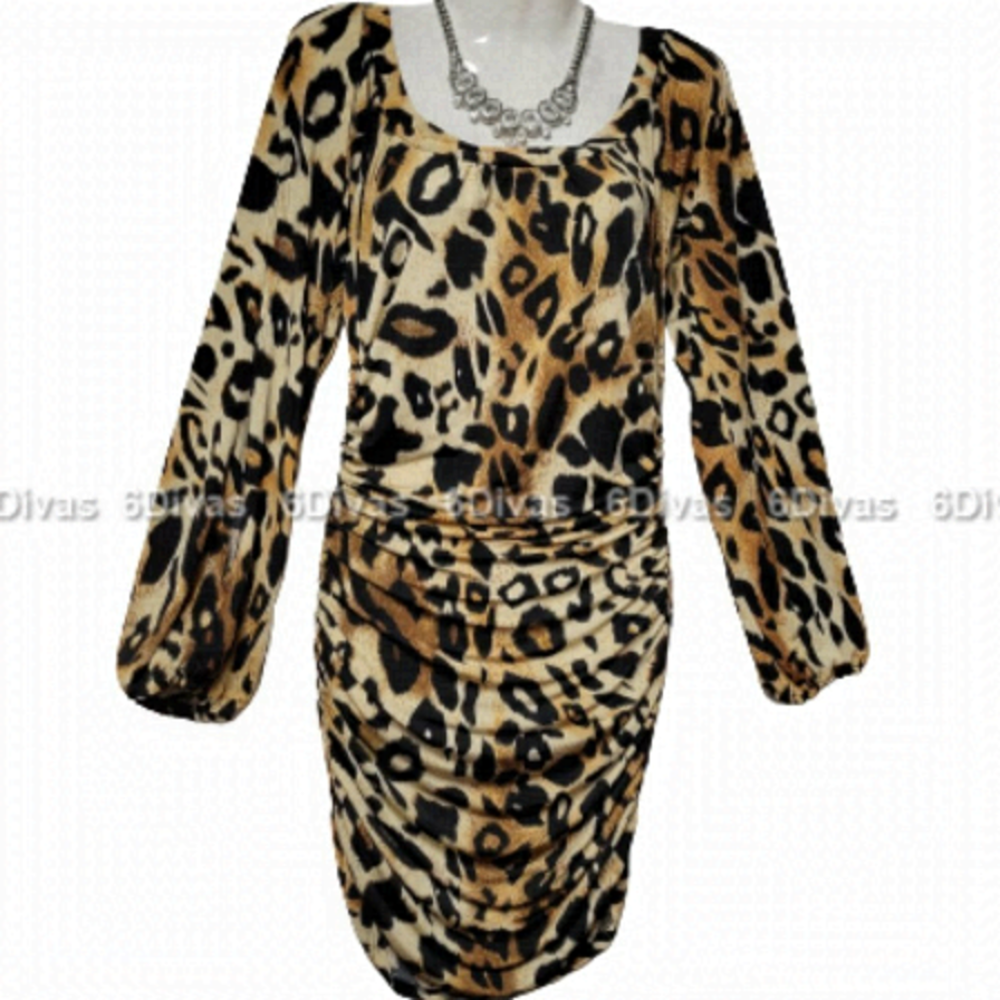 Brown and Black Sexy Long Sleeved Animal Print Dress Size M